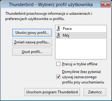 W systemach 64-bitowych: "C:\Program Files (x86)\mozilla Thunderbird\thunderbird.exe" -p 8.2.