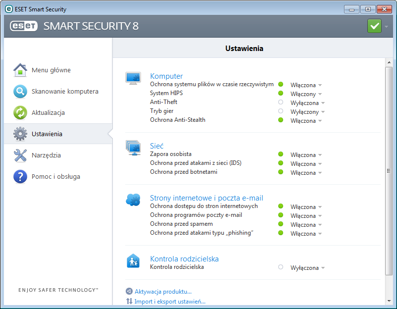 4. Praca z programem ESET Smart Security Korzystając z ustawień programu ESET Smart Security, można skonfigurować odpowiedni poziom ochrony komputera oraz sieci.