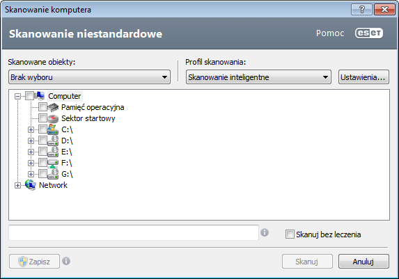 4.1.1.2.1 Program uruchamiający skanowanie niestandardowe Aby nie skanować całego dysku, a tylko określony obiekt, można użyć narzędzia skanowania niestandardowego.