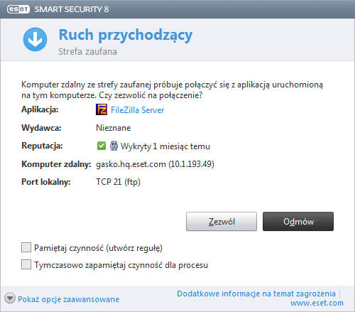 4.2.5 Ustanawianie połączenia wykrywanie Zapora osobista wykrywa każde nowo utworzone połączenie sieciowe. Aktywny tryb zapory określa, jakie działania są realizowane dla nowej reguły.