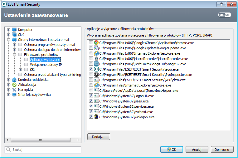 4.3.3.2 Aplikacje wyłączone Aby wykluczyć z filtrowania zawartości komunikację prowadzoną przez określone aplikacje korzystające z sieci, należy zaznaczyć je na liście.