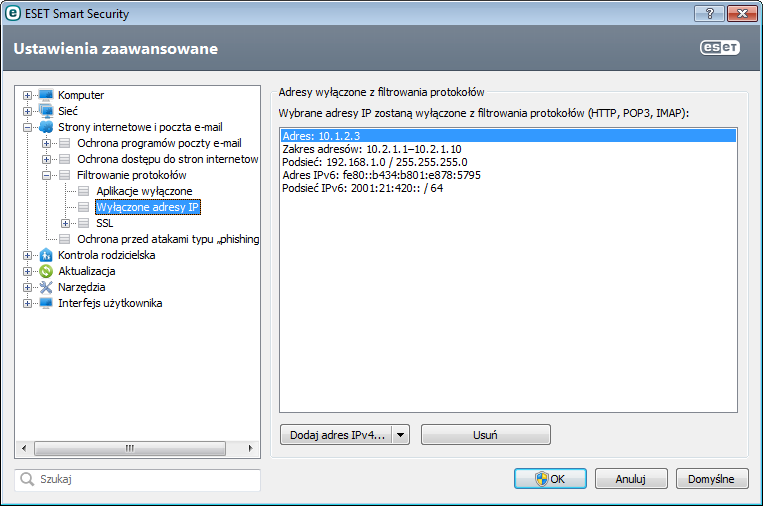 4.3.3.3 Wyłączone adresy IP Pozycje na liście zostaną wyłączone z filtrowania zawartości protokołów.