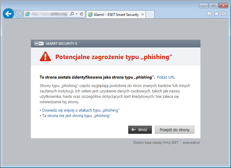 Wyświetlanie strony wykorzystywanej w atakach typu phishing Po przejściu do strony służącej do ataków typu phishing w przeglądarce internetowej zostanie wyświetlone następujące okno.