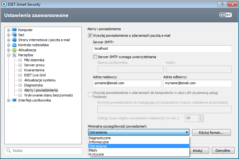 4.6.11 Alerty i powiadomienia Program ESET Smart Security obsługuje wysyłanie wiadomości e-mail po wystąpieniu zdarzenia o wybranym poziomie szczegółowości.