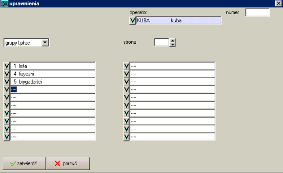 3.4 Użytkownicy 49 operator operator (użytkownik) wybierany z listy operatorów, grupy l.płac wybierane z listy rozwijalnej, wybór grupy listy płac.