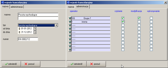 1.3 Poczta 8 Rysunek 1.1: Rejestr kancelaryjny numer ostatni numer dokumentu w rejestrze np IN 0034 - przy wprowadzaniu kolejnego dokumentu program będzie proponował kolejny. 1.2.