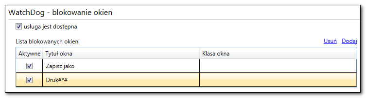 WatchDog Blokowanie okien Ta opcja pozwala na: 1. określenie, czy program ma przechwytywać okna systemowe, które mogą się pojawić jako skutek działań użytkownika 2.