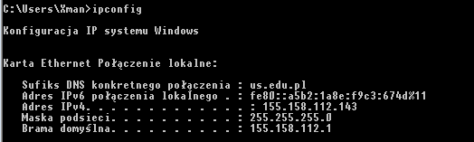 Ćwiczenie 2 Uruchom wiersz polecenia. W oknie konsoli wpisz polecenie: ipconfig i naciśnij klawisz enter.