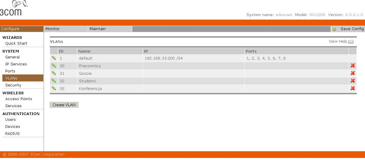 Tworzymy teraz VLANy jakie będą nam potrzebne do prawidłowej pracy eduroam.