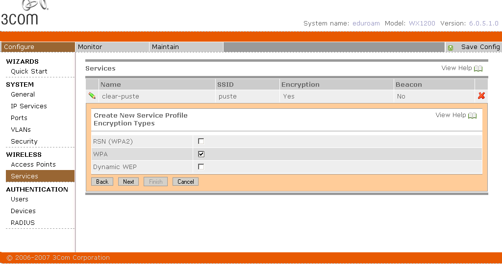 Wybieramy teraz opcję Create New Services i ustawiamy interesujący nas SSID: Authentication type : User authentication (802.