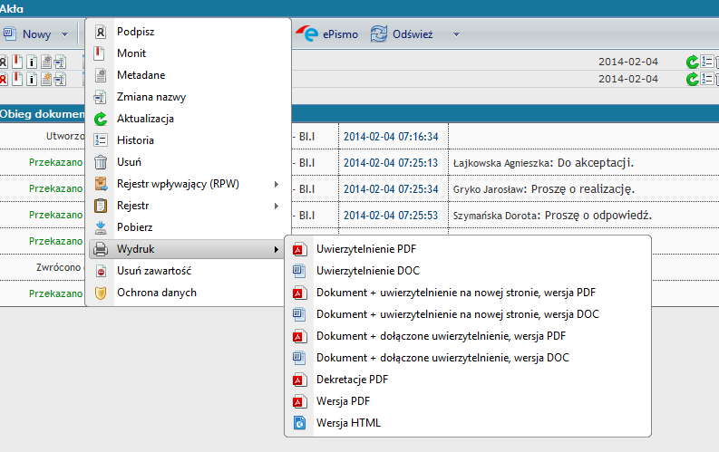 Dokument nie jest automatycznie zapisywany na serwerze EZD, w razie potrzeby należy zapisać go na dysku. 24. Dodano możliwość wygenerowania wydruku w formacie PDF dla dokumentów formatu.doc,.docx,.