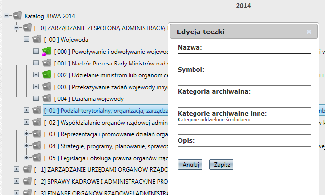 6. Dodano możliwość zarządzania teczkami JRWA z poziomu Rejestry- >JRWA Dodano możliwość uzupełnienia JRWA o nowe symbole i hasła klasyfikacyjne, czyli dodawania