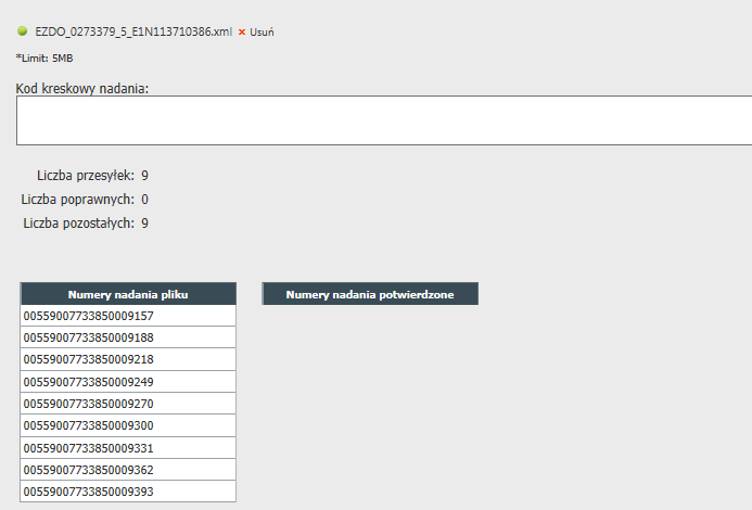 7. Weryfikacja przekazanych listów poleconych na podstawie Nr R W module Kancelaria będzie dostępna na uprawnienie (Przyjmowanie przesyłek 182) zakładka Przyjmowanie kopert.