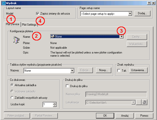 Wywołanie funkcji Gdy rysunek jest juŝ optymalnie umiejscowiony na monitorze naleŝy kliknąć na przycisk :Plotowanie albo w menu na Plik/Drukuj. W jednym i drugim przypadku otworzy się okno Plotowanie.
