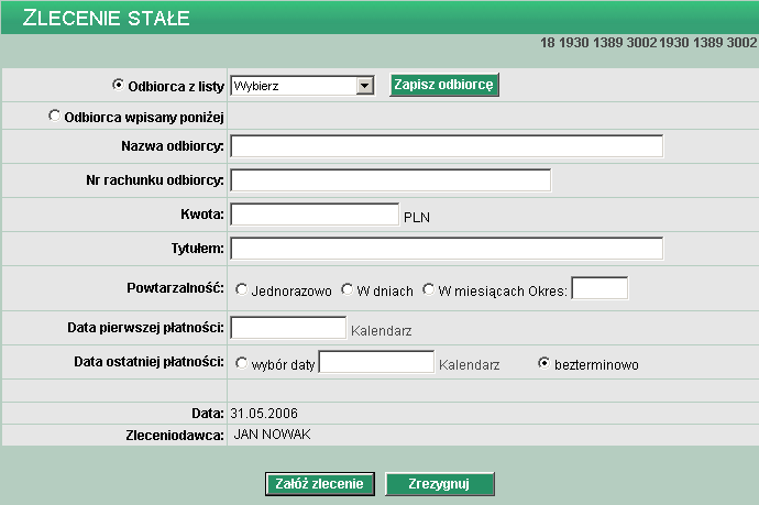 Należy zdefiniować następujące dane: Odbiorca z listy - jeśli dane odbiorcy były wcześniej zdefiniowane (opis Odbiorcy w instrukcji podstawowej) mogą zostać wybrane z listy.