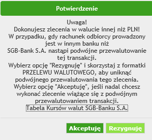 Rozdział: Usługa Bankowości Elektronicznej SGB - WWW Klienci mogą na bieżąco kontrolować przebieg zleconej operacji przez śledzenie statusu danego przelewu: Tworzenie przelewu W zależności od rodzaju