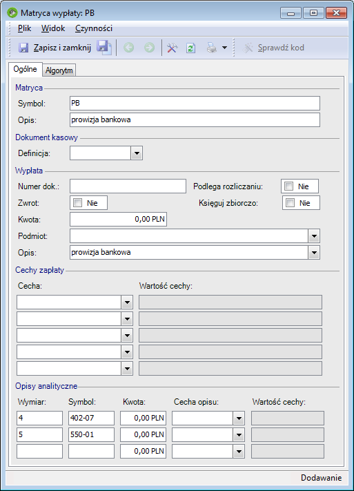 Matryca zapłaty Matrycy można przypisać powtarzające się dane typu kwota, podmiot, opis, cecha zapłaty, cecha opisu analitycznego, opis analityczny itp.