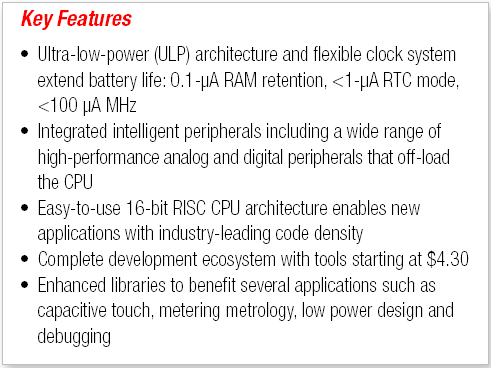 MSP430 Snapshot of Integrated Peripherals ADC10 ADC12 SD16 SD24 Comparator DAC12 DMA Multiplier OpAmp Timers