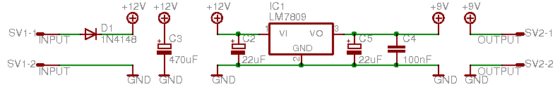 Do stabilizacji napięcia 9V wykorzystano scalony stabilizator LM7809 wraz z odpowiednimi kondensatorami filtrującymi, wymaganymi ze względu na fakt, iż stabilizacja odbywa się bezpośrednio z wyjść