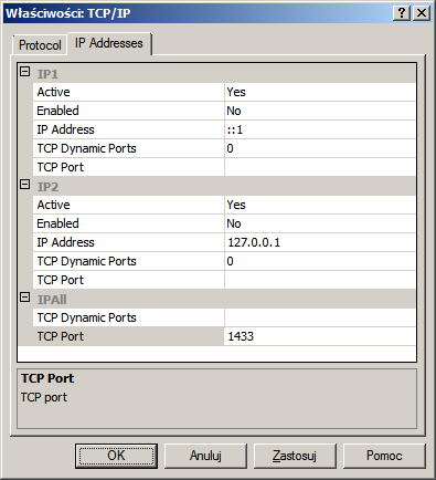 Przygotowanie 3) Kliknij zakładkę [IP Addresses]. Usuń wartość wyświetloną w polu tekstowym [IPAll] - [TCP Dynamic Ports].