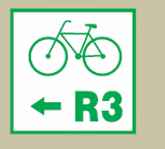 5 mm. W górnej części znaku umieszczony jest wizerunek roweru w kolorze zielonym, poniżej litera R i cyfra określająca numer szlaku w kolorze zielonym.