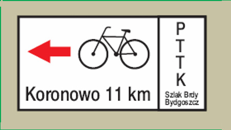 System identyfikacji atrakcji turystycznyc Znak graficzny Opis Drogowskaz szlaku o wymiarach 150 x 450 mm (w tym strzałka kierunkowa 110 mm) z oznaczeniem koloru szlaku na strzałce (grocie)