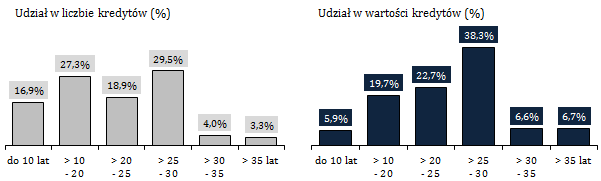 Struktura według wartości kredytu Liczba kredytów (sztuki) (sztuki) Wartość kredytów (mln zł) OGÓŁEM Złotowe Walutowe OGÓŁEM Złotowe Walutowe OGÓŁEM 1 679 980 980 298 699 682 315 765 138 727 177 038