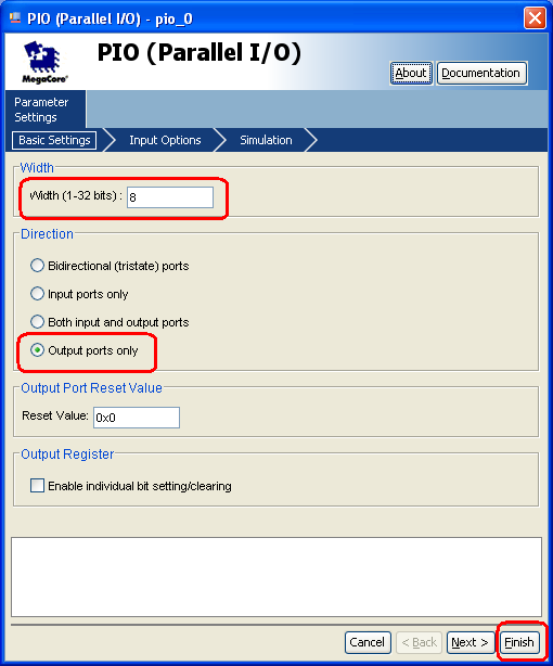 Pojawia się okno konfiguracyjne PIO (Parallel I/O) pio_0, którego konfigurację ustawiamy jak przedstawiono poniżej, naciskamy Finish, Następnie w oknie programu Altera