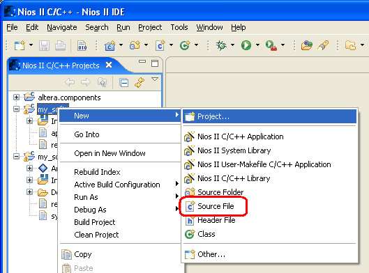 Aby utworzyć nowy plik w języku C w zakładce Nios II C/C++ Projects naciskamy prawy