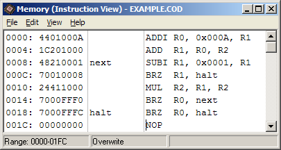 Assembler przykład: n! ADDI R0,0x000A,R1 ADD R1,R0,R2 next SUBI R1,0x0001,R1 BRZ R1,halt MUL R2,R1,R2 BRZ R0,next halt BRZ R0,halt etykieta R1 wyjściowa wartość n R2 wynik Metoda iteracyjna: n!