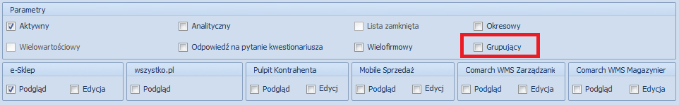 Dodatkowo, aby możliwa była prezentacja dodatkowych cech dla zgrupowanych artykułów - fantomów, został dodany dodatkowy parametr umożliwiający wskazanie, które z atrybutów będą określały zgrupowane