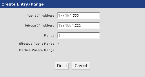 10. Kliknij na przycisk Create Entry/Range. 11. W tym wejściu przypisany zostanie unikalny prywatny adres IP do urządzenia publicznego.