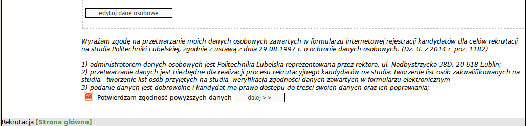 10 Potwierdź zgodność wypełnionych powyższych danych zaznaczając odpowiednie pole(pkt. 1) Rekrutacja 20