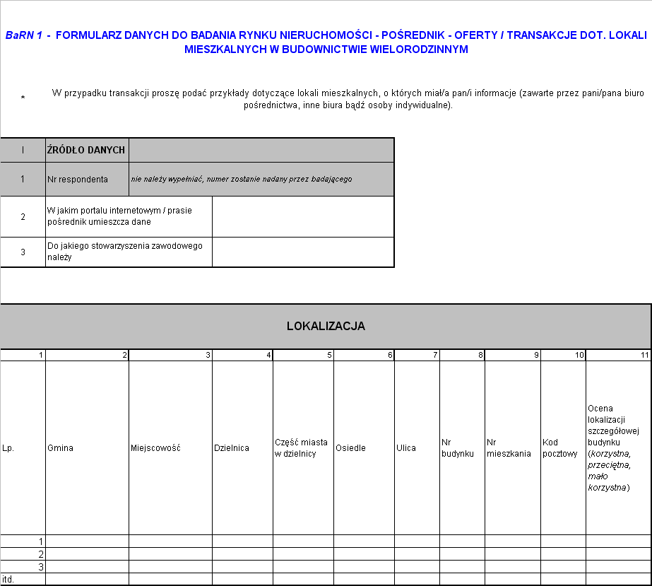 Załącznik nr 1: Formularz BaRN 1 OPIS BUDYNKU 12 13 14 15 16 17 18 Rok budowy Stan techniczny (po modernizacji, bez modernizacji ) Rok modernizacji Technologia budowy (tradycyjna, tradycyjna