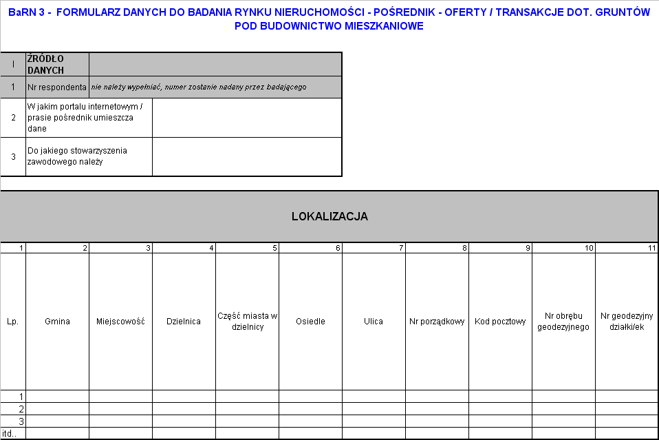 Załącznik nr 3: Formularz BaRN 3 OPIS GRUNTU 12 13 14 15 16 17 18 19 Dokument określający przeznaczenie gruntu (MPZP, warunki zabudowy, studium ) Przeznaczenie gruntu (budownictwo: jednorodzinne,