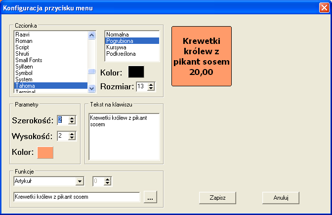 j Rys. 8. Definiowanie przycisku na ekranie zamówień. NajwaŜniejszym parametrem kaŝdego przycisku jest jego funkcja, którą określamy w lewej dolnej części okna.