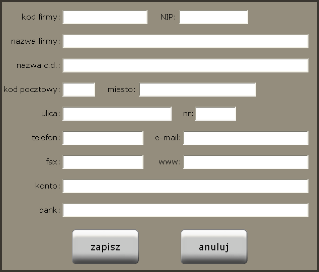 części danych (nazwa firmy, adres, NIP) przy dodawaniu nowej firmy jest obowiązkowe.