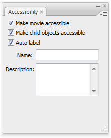 movie clip. Mogą one opisywać cały film, pojedyncze obiekty lub grupy obiektów zawarte wewnątrz. Panel Accessibility wywołuje się przez menu Window / Other Panels / Accessibility lub Shift + F11.