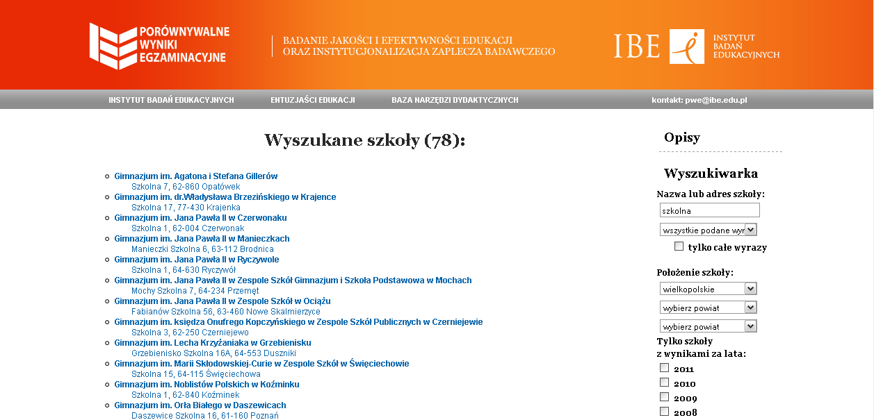 Rysunek 8.4. Przykład działania wyszukiwarki wyszukano gimnazja województwa wielkopolskiego, które mieszczą się na ul.