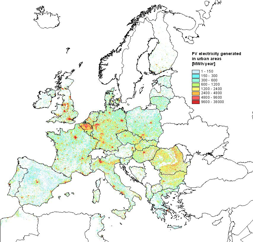 Rys.17 Możliwa obecnie produkcja energii elektrycznej z ogniw fotowoltaicznych w Europie (nie wszystkie państwa były objęte analizą) [10] Na rysunku 17 przedstawiono wyniki analiz prowadzonych w