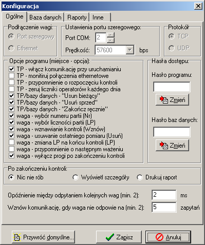 Kon figuracja Okno konfiguracji programu Parametry komunikacji zawiera 4 zakładki: Ogólne ustawienia programu, Baza danych parametry połączenia z bazą SQL, Raporty dopasowanie oznaczenia partii oraz