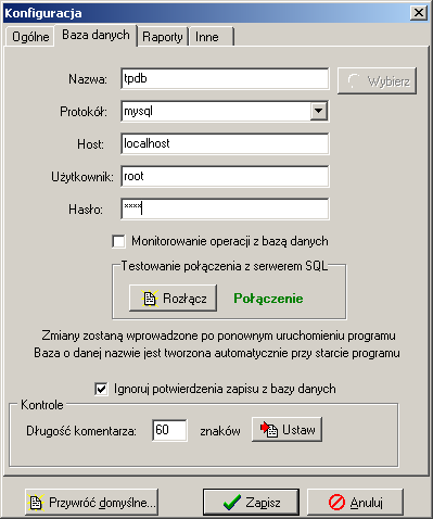 komputera z serwerem SQL, UŜytkownik uŝytkownik łączący się z bazą (domyślnie root), Hasło hasło dostępu do bazy danych dla danego uŝytkownika (domyślnie axis).