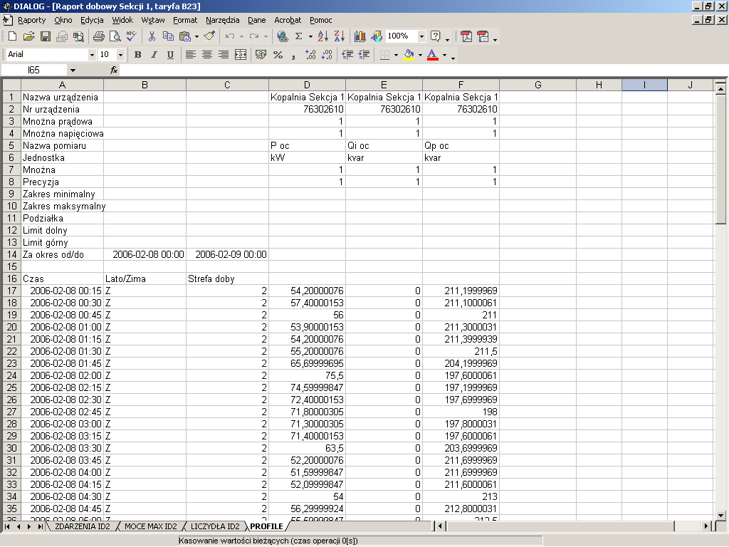 Aby zakończyć tworzenie raportu EXCEL należy wszystkie ustawienia zatwierdzić klawiszem Zakończ. Spowoduje to otwarcie arkusza EXCEL osadzonego w programie DIALOG.