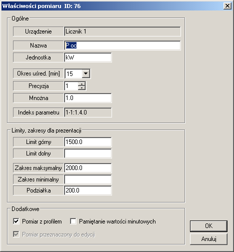 Pola Nazwa i Jednostka służą jako etykiety opisujące dany pomiar. Limit górny oraz Limit dolny określają progi dla strażnika mocy.