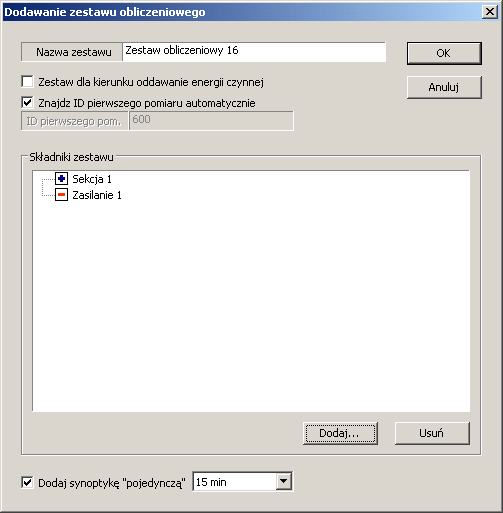 W oknie tym określa się nazwę nowego zestawu obliczeniowego, czy ma on być utworzony dla kierunku oddawania energii czynnej. Zaleca się także automatyczne znalezienie ID pierwszego pomiaru zestawu.