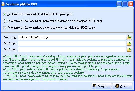 Moduł 65 Inne Aby rozpocząć proces scalania plików Komunikatu deklaracji POZ w wyświetlonym oknie Scalanie plików PDX, należy: zaznaczyć opcję Scalanie plików komunikatu deklaracji PDX (pliki *.