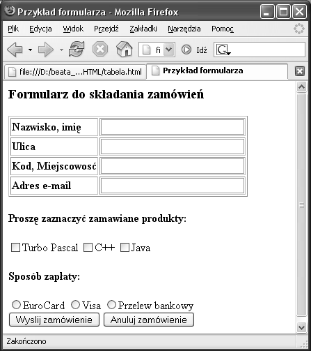 Przykład formularza 55 Przykład - kod formularza <h3>formularz do składania zamówień</h3> <form method=post action="mailto:beatap@pluton.pol.lublin.