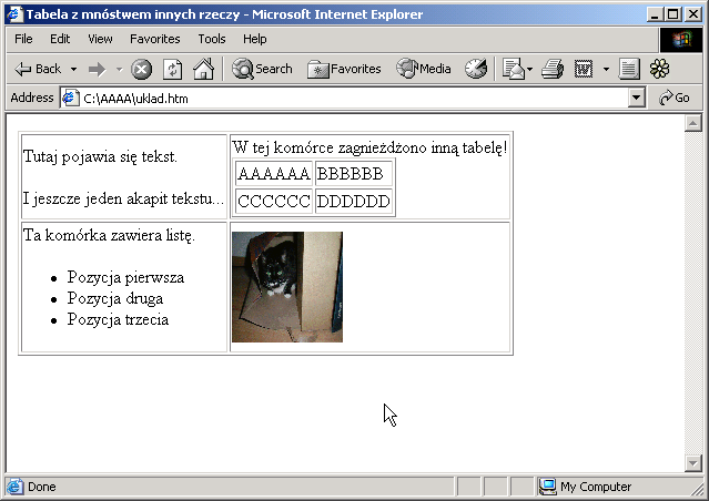 </tr> <tr> <td>cccccc</td> <td>dddddd</td> </tr> </table> </td> </tr> <tr> <td>ta komórka zawiera listę.