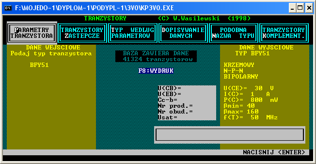 Wpisując symbol cyfrowy elementu, po zatwierdzeniu enterem wyświetlą się nam parametry zadanego elementu. Rys. 13. Zrzut ekranu okna programu Katalog półprzewodników dane tranzystora BFY51.