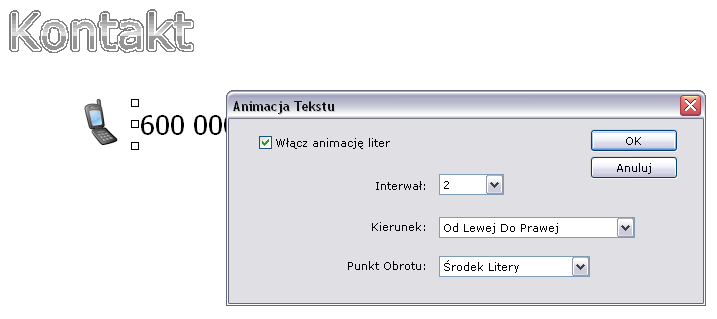 Na koniec zaznacz wszystkie zdjęcia i wybierz polecenie Intro Rozciągnięcie. Podstrona Kontakt Przejdź do ramki Frame 5 czyli Kontakt.